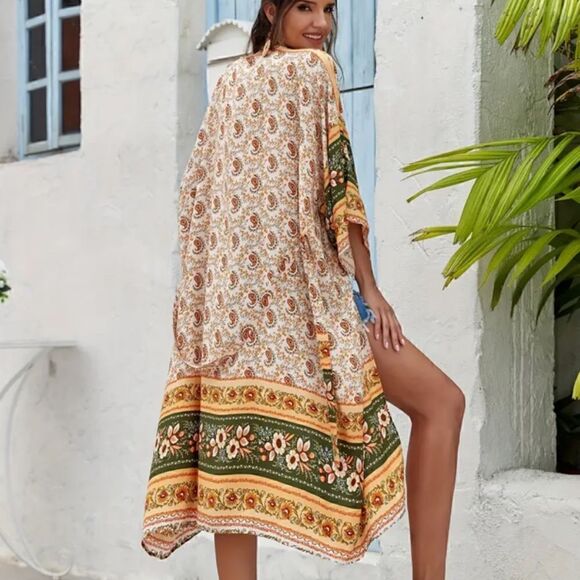 NEW! PLUS Size Boho Pattern Floral Long Belted Kimono Cover Up Beach Bohemian - Picture 4 of 7